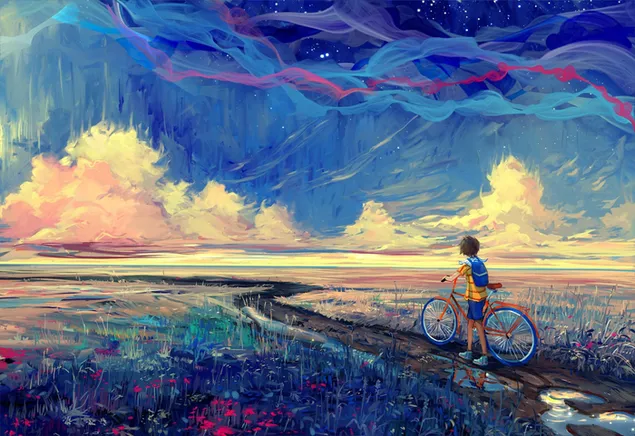Boy in yellow shirt with blue backpack rides bike on flowery roads and mountains.