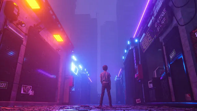 Junge steht allein in dunkler Nacht auf der Straße herunterladen