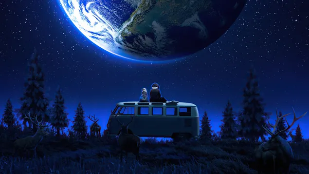 เด็กชายกำลังดูดวงจันทร์โลกบนรถบัสกับสุนัขของเขา 4K วอลเปเปอร์