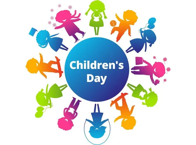 Drenge og piger omkring den blå cirkel til fejringen af ​​Verdens Børnedag download