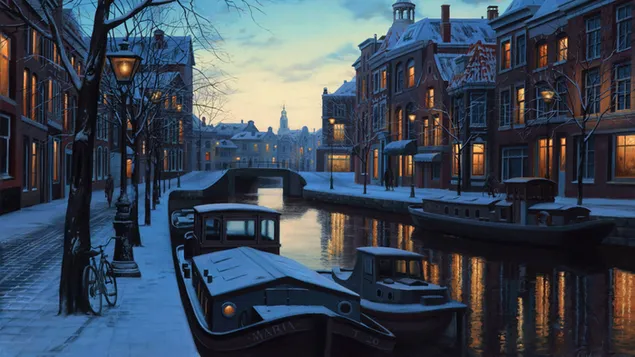 Braune Betongebäude, Winter, Schnee, Brücke, Niederlande