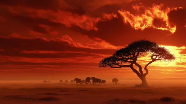 Hình nền Hoàng hôn ngoạn mục ở thảo nguyên châu Phi với hình bóng của gia đình voi 2K