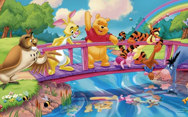 puente río pescado dibujos animados winnie the pooh 2K fondo de pantalla