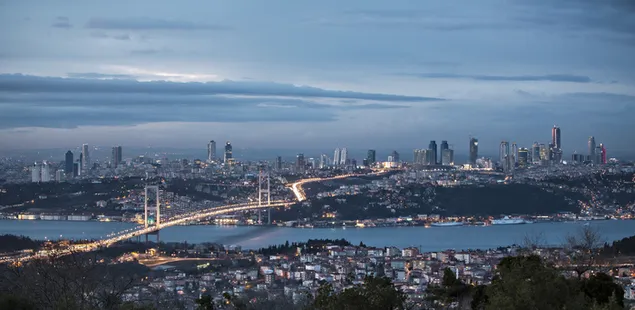トルコのイスタンブール市の橋、海、街並み