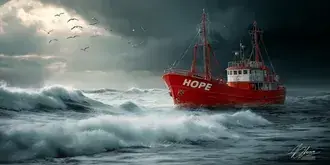 bright fishing trawler named 'hope' against stormy sea and sky download