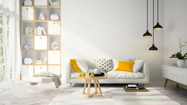 白と黄色を基調とした明るいインテリアデザイン 4K 壁紙