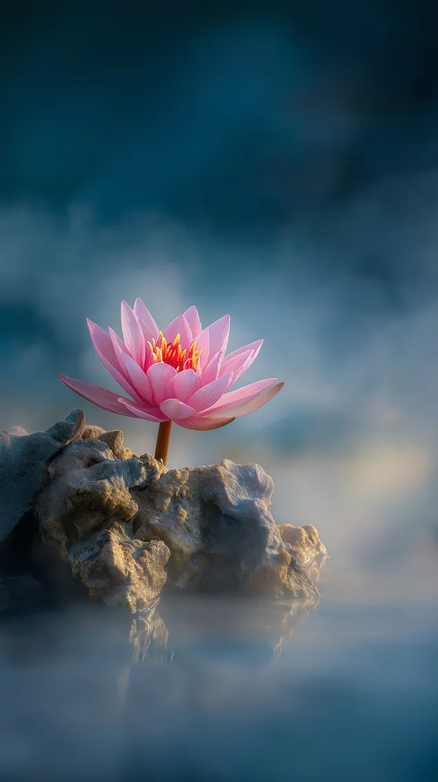 ryskus lotoso ziedas, augantis is uolos panardintame sapnu peizaze atsisiusti