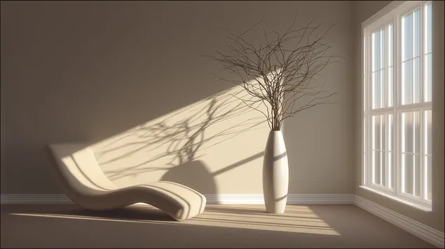 dhome e ndritshme minimaliste me kolltuk elegant dhe vazo botanike shkarkim