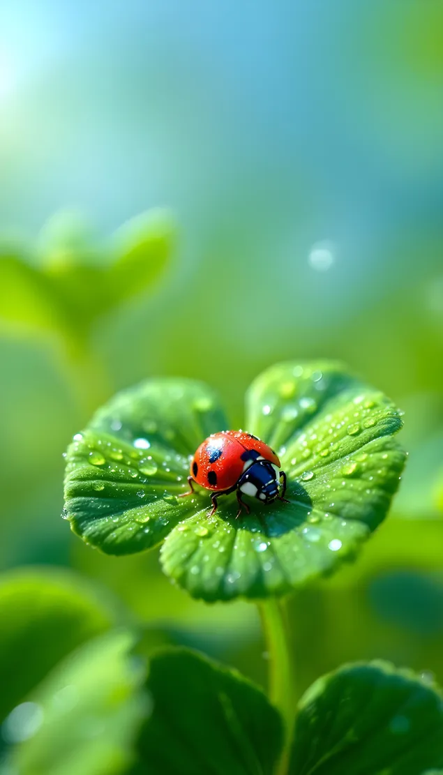 hell rout ladybug rescht op tau-kissed greng leaf eroflueden