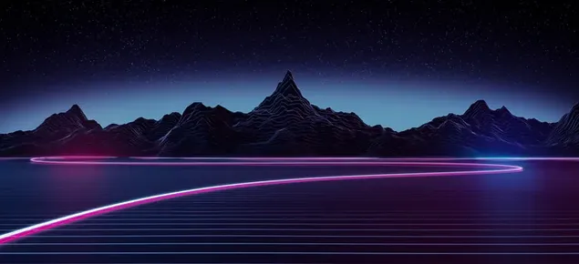 Ярко небе зад силуетни планини и неоново осветени форми в тъмното 4K тапет
