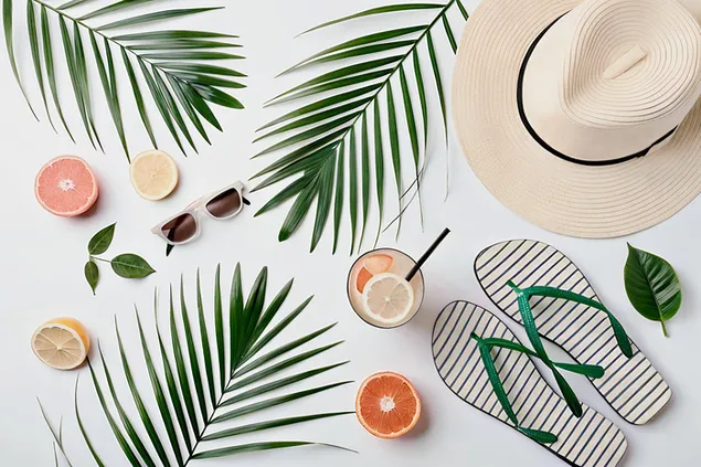 Gjëra thelbësore të ndritshme për pushimet verore, duke përfshirë shapka dhe fruta agrume të freskëta 4K sfond