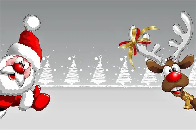 Brown deer and Santa Claus in front of white pines on gray background