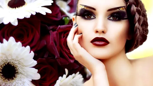 Brown-eyed woman with dark red lips HD wallpaper