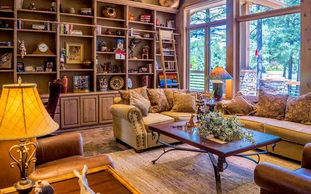 Brun soffa nära fönster, interiör, vardagsrum, vardagsrumsinredning HD bakgrund