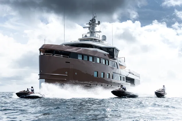 Brown superlux yacht and jetskis cruising around download