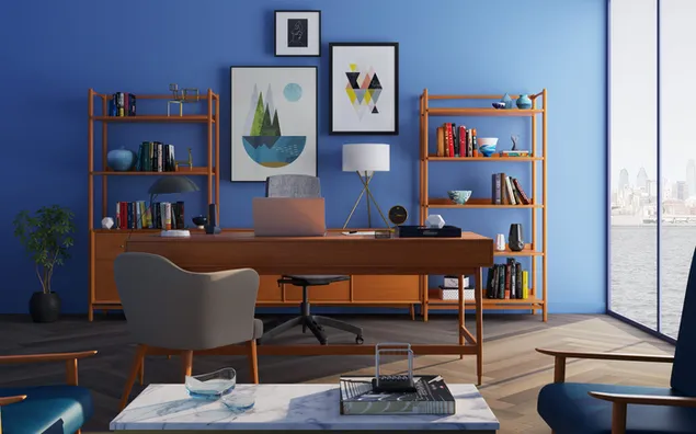 Bureau en bois marron avec chaise roulante et étagères près de la fenêtre HD fond d'écran