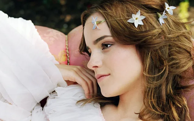 Brunette Emma Watson with flower crown