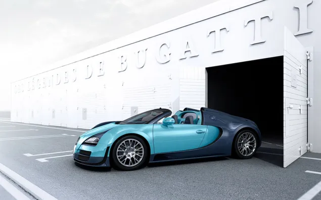 Bugatti Veyron met brede rand in blauw en donker marineblauw voor het gebouw met de witte ingebouwde deur open