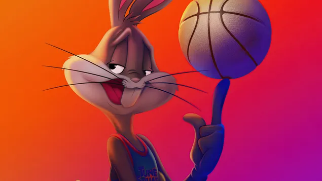 Bugs bunny wears a basketball jersey and spins the basketball on her finger 8K wallpaper