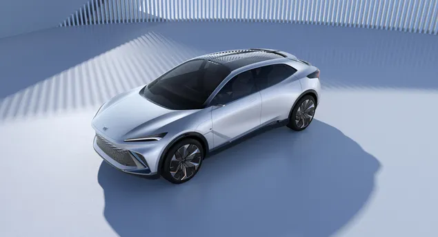 Tapeta Buick Electra-X v šedé metalické barvě, která zaujme svým designem na osvětlené podlaze 4K