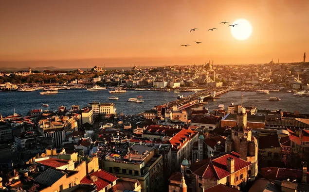 Buildings and historical buildings intertwined with the sea in the sunny landscape of the city of Istanbul, Turkey