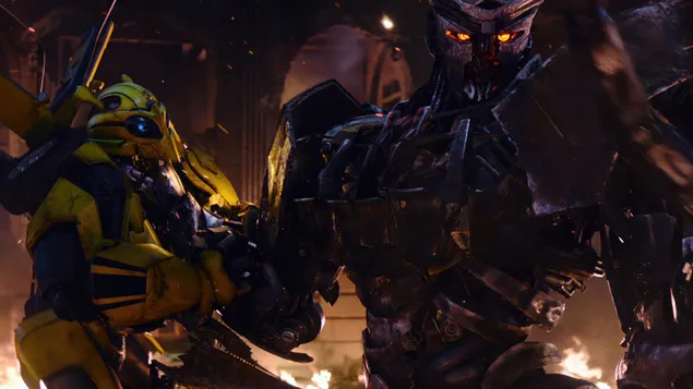 Bumblebee en Scourge uit de film Transformers: Rise of the Beasts 4K achtergrond