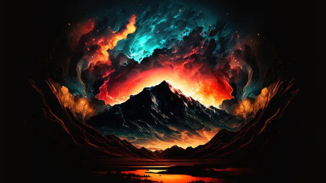 Goruća planina u noćnom slikanju na umjetnički način 4K pozadina