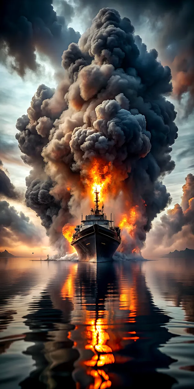 Brennendes Schiff im Ozean mit dunklen Wolken 2K Hintergrundbild