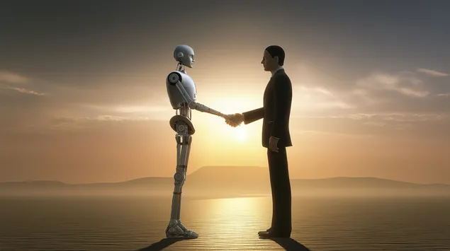 dona de negocis i robot humanoide establint connexio baixada