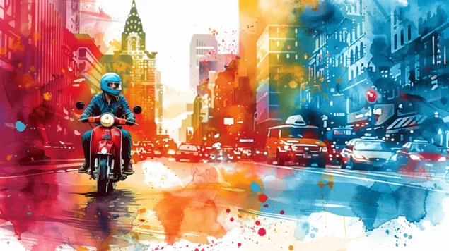 אנרגיה שוקקת של אופנוע וינטג' בעיר צבעונית 8K טפט