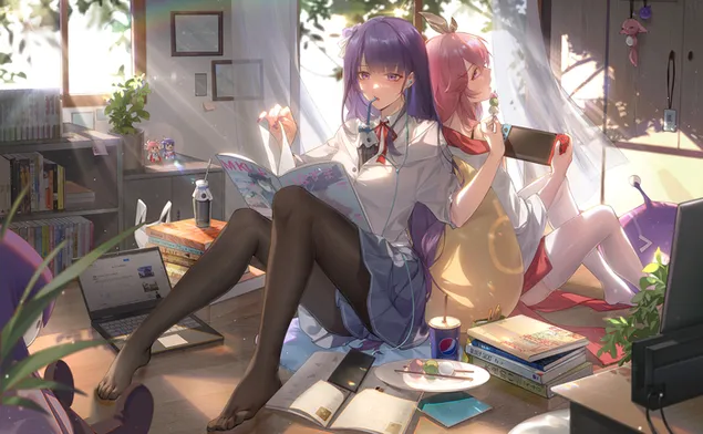 Tapeta Zaneprázdněné dívky Raiden Shogun & Amber | Ganshin dopad 2K