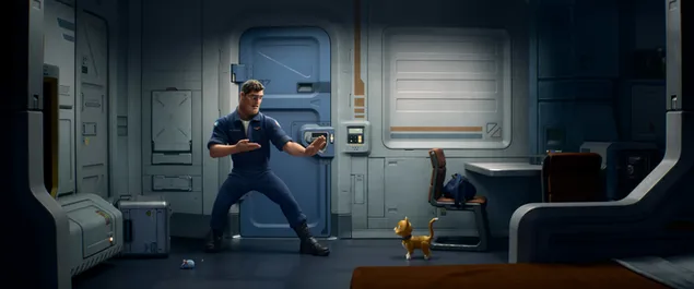 Buzz y la escena del gato amarillo en la nueva película de la serie Toy Story que cuenta la historia del Buzz Lightyear