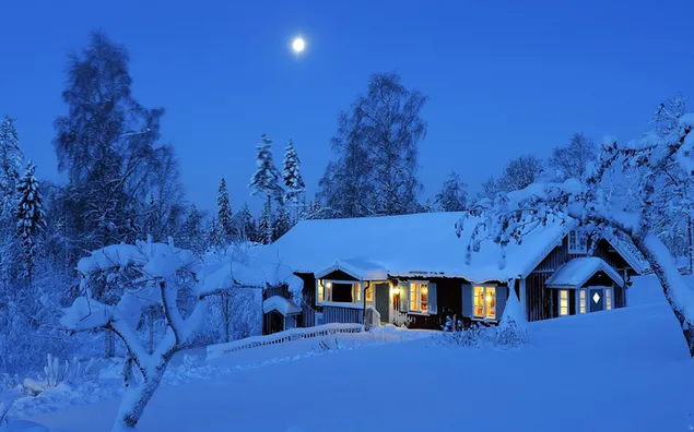 Hütte im Wald verschneit HD Hintergrundbild