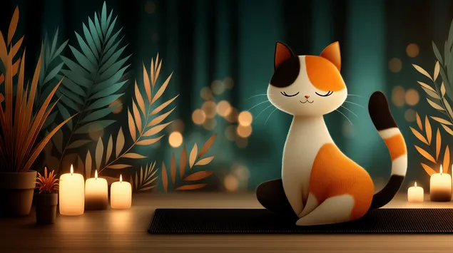 חתול מצויר קליקו עושה מדיטציה בסצנה שלווה לאור נרות 2K טפט