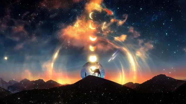 Kozmik Odyssey'de deve ve adam 4K duvar kağıdı