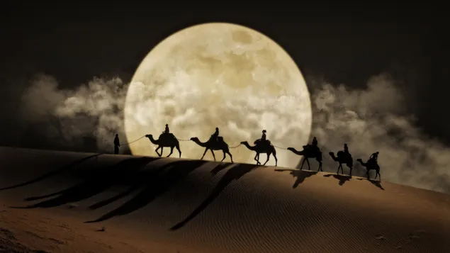 Camels and people traveling in the desert at night in the light of the full moon
