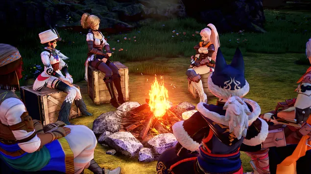Kampvuurbijeenkomst - Tales of Arise (Anime-videogame) 4K achtergrond
