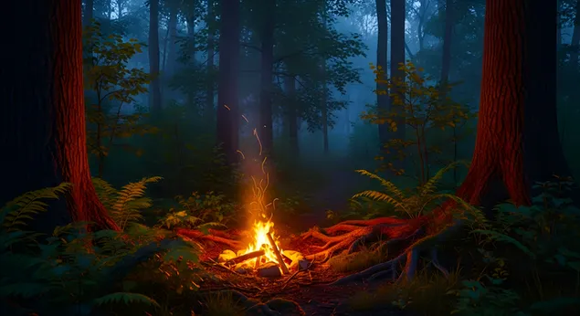 Hình nền Lửa trại trong Rừng sương mù: Cuộc phiêu lưu ban đêm và sự thanh thản 4K