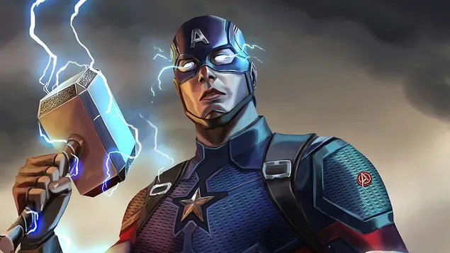 Kapten Amerika Memegang Thor Hammer Mjolnir 4K kertas dinding