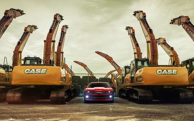 Auto en bulldozer 2K achtergrond
