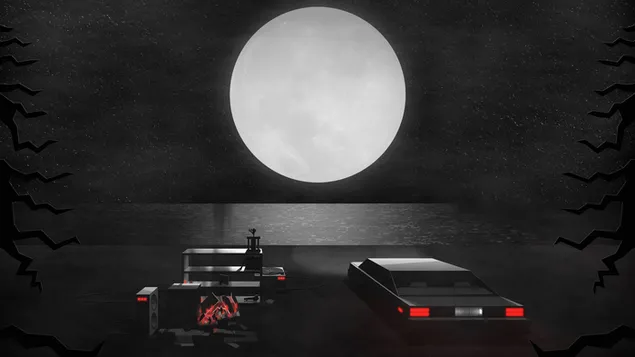 Car lights & moon light 2K wallpaper