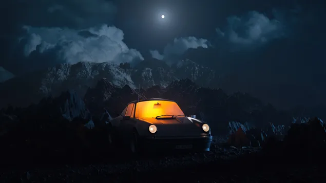 Car lights & moon night 4K wallpaper