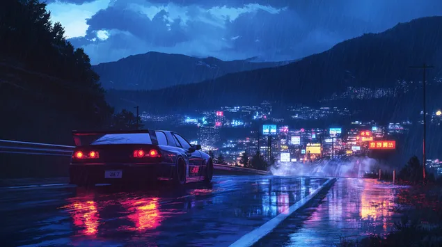 auto na cesti sa pogledom na grad nocu preuzmi