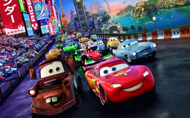 Cars animated movie cars are on the mater Piston Cup challenge track with lightning mcqueen and other cars 2K wallpaper