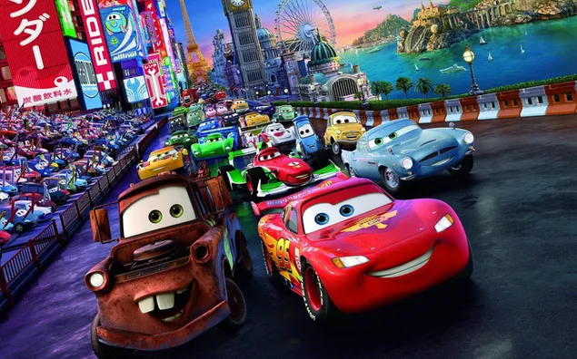 Los autos de la película animada Cars están en la pista de desafío mater Piston Cup con rayo mcqueen y otros autos descargar