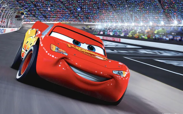 Cars animated movie superhero red color with red steel wheels Lightning mcqueen on race track