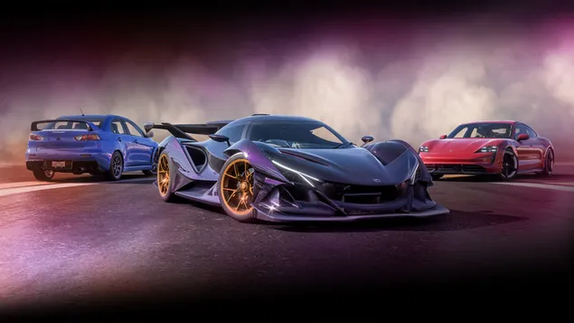 Forza Horizon 비디오 게임의 안개 낀 들판에 있는 자동차 4K 배경화면