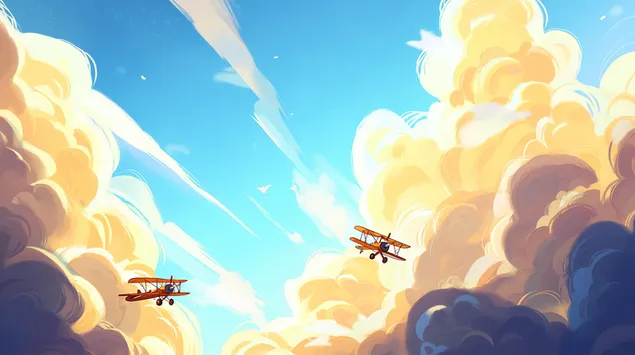 Biavioane de desene animate care zboară prin nori pufoși de seară 2K imagine de fundal