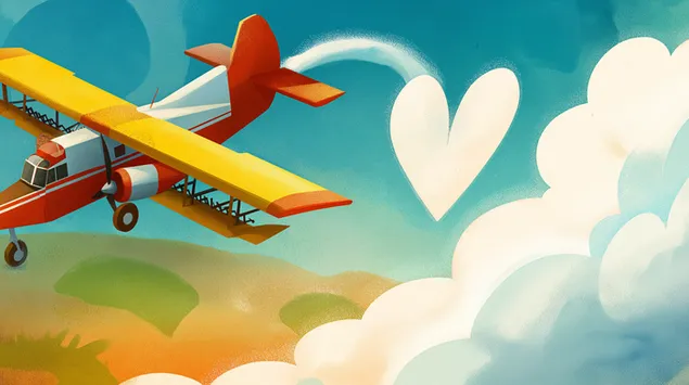 Cartoon Biplan Zeechnung Häerzwollek am bloen Himmel 2K Tapeten