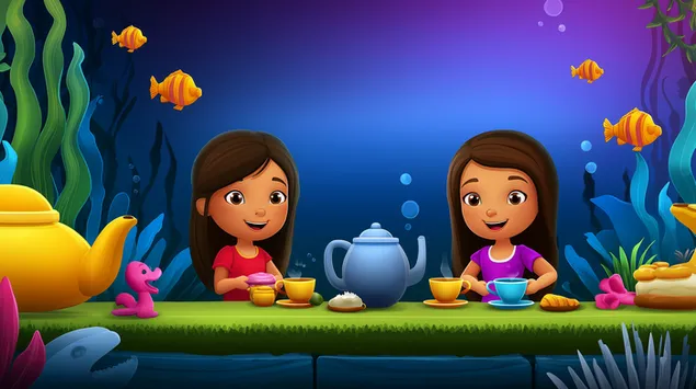 Cartoon-Mädchen veranstalten Teeparty in lebendiger Unterwasserwelt 2K Hintergrundbild